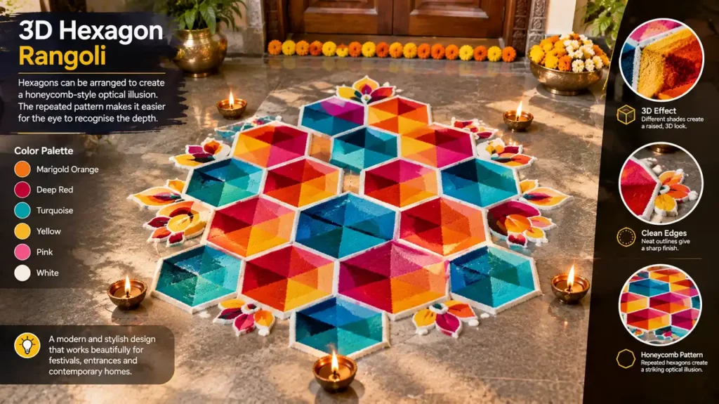 Colorful 3D hexagon rangoli with honeycomb optical illusion