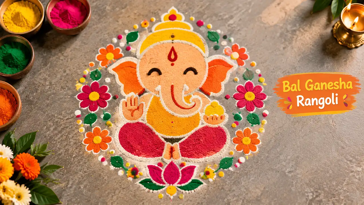 Bal Ganesha rangoli with colorful patterns