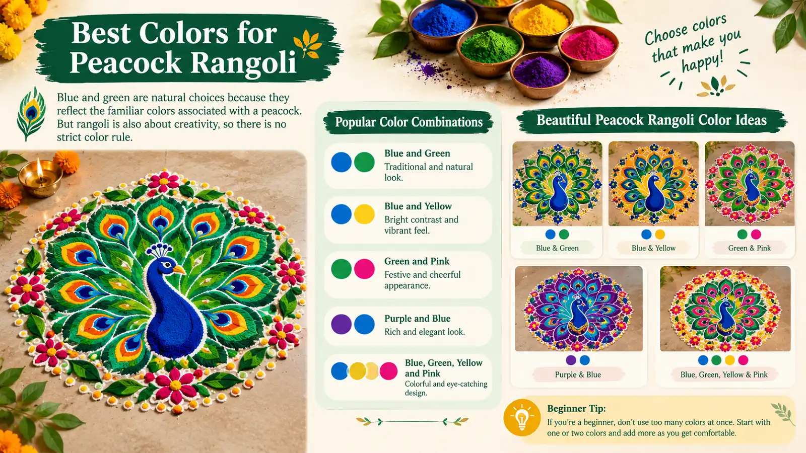 Peacock rangoli color combinations with blue, green, yellow, pink, and purple