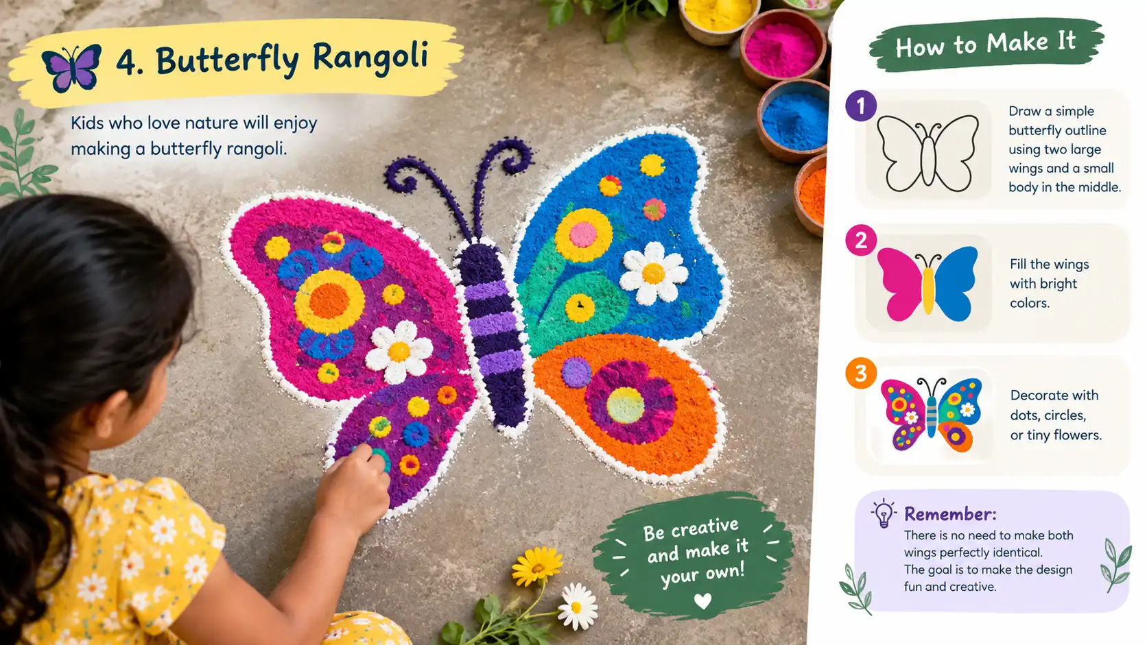 Colorful butterfly rangoli made with bright powders and flowers
