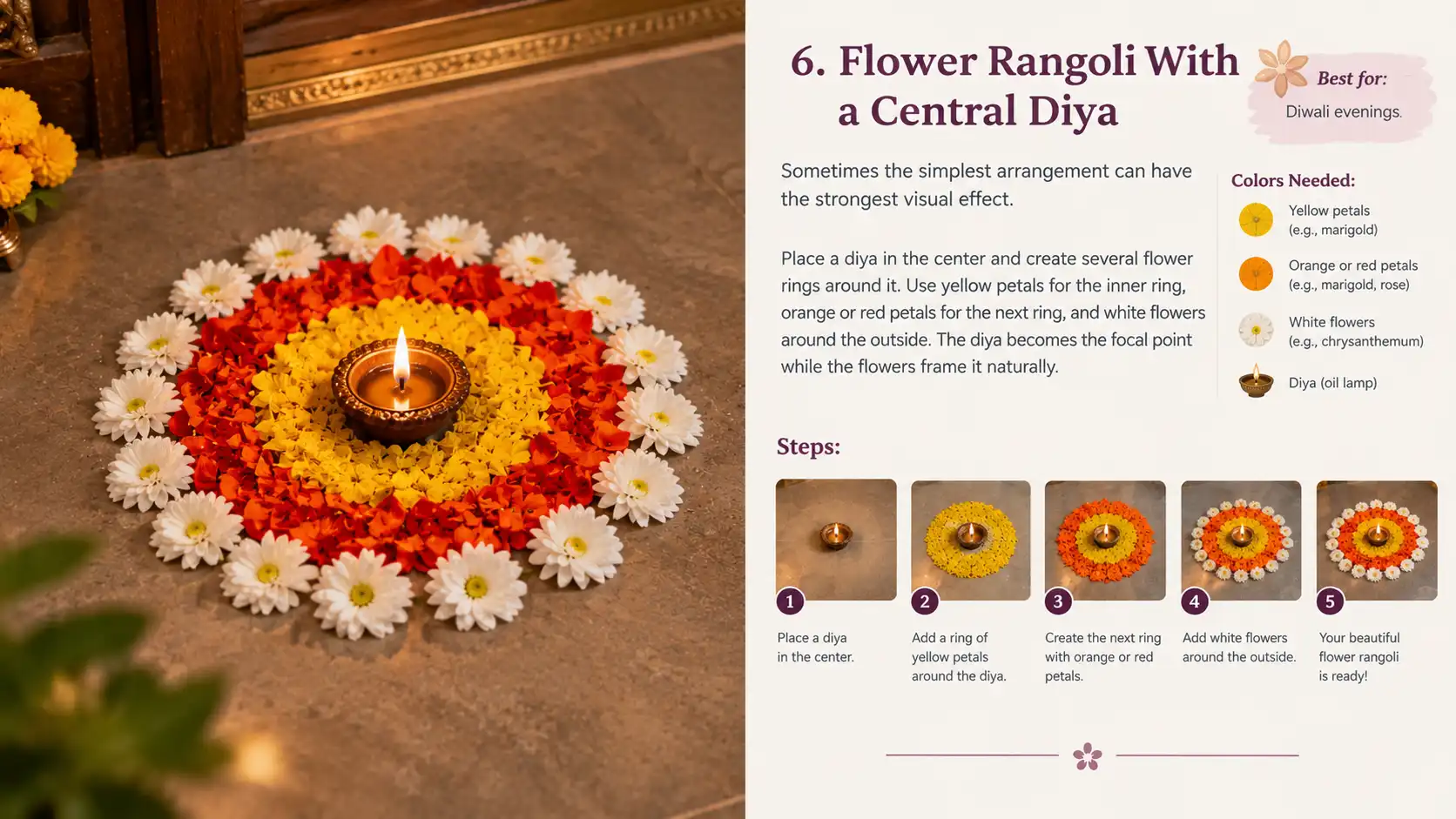 Flower rangoli with a glowing diya at the center