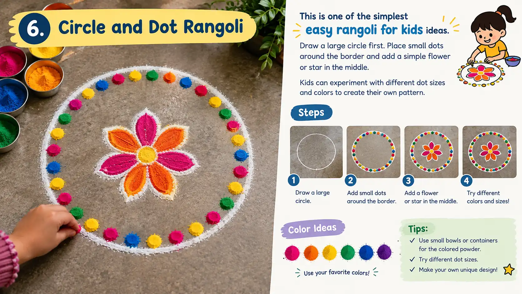 Colorful circle rangoli with dotted border and central flower