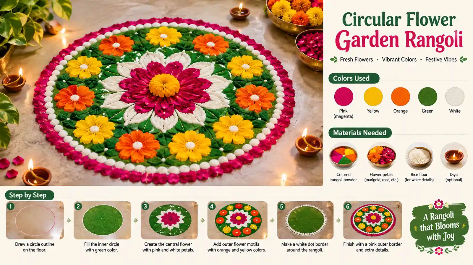 Circular flower garden rangoli with colorful floral patterns