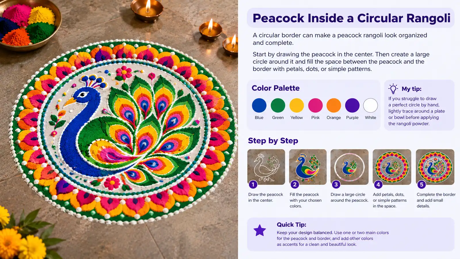 Colorful peacock rangoli inside a circular border