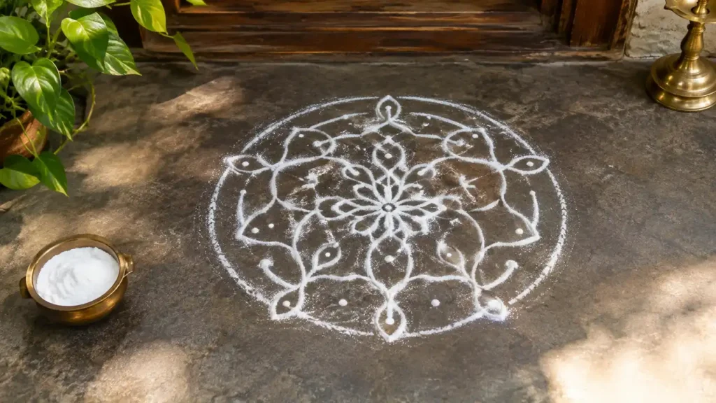 Traditional circular white Kolam made with rice flour at a home entrance