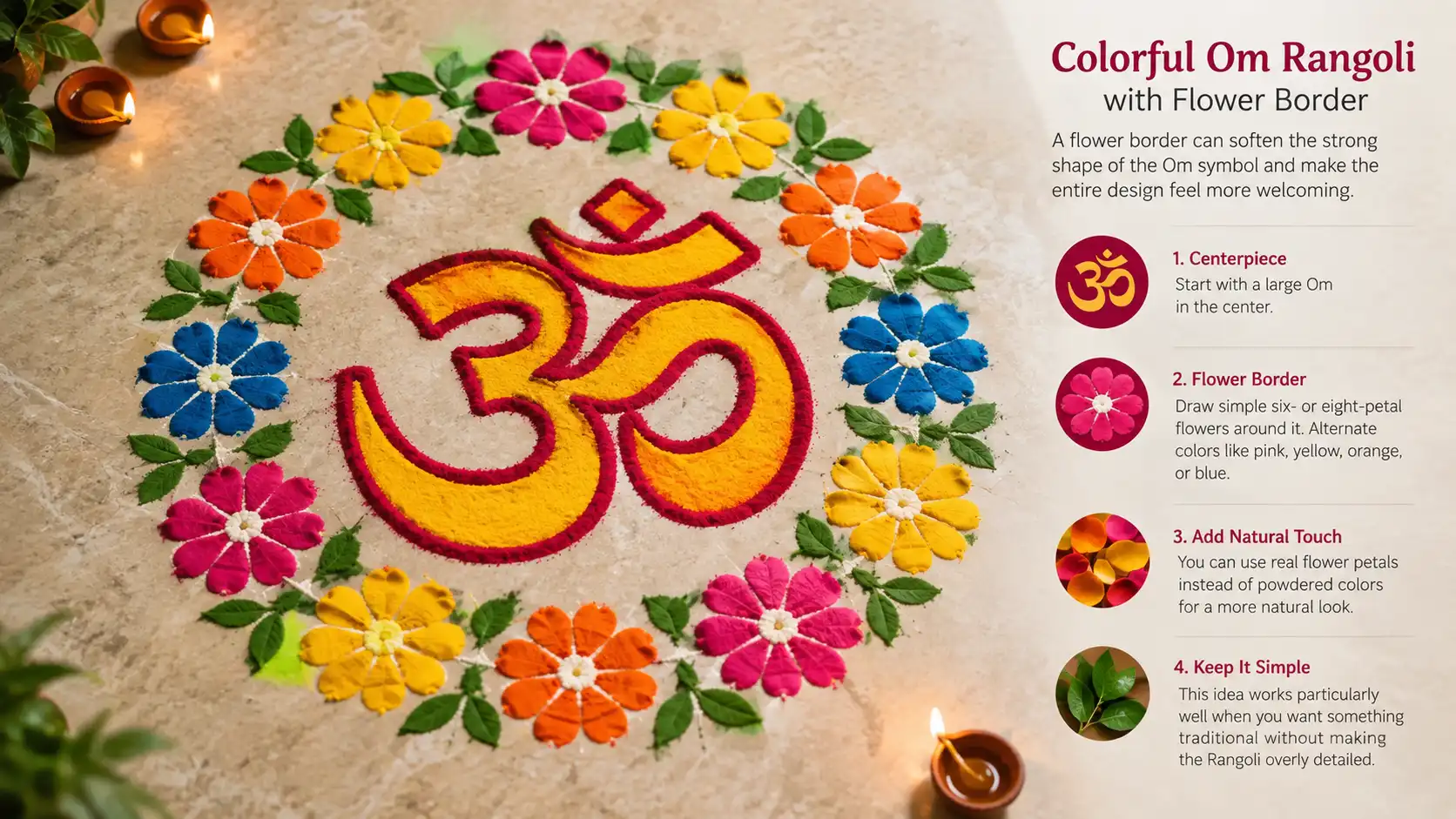 Colorful Om rangoli with a flower border