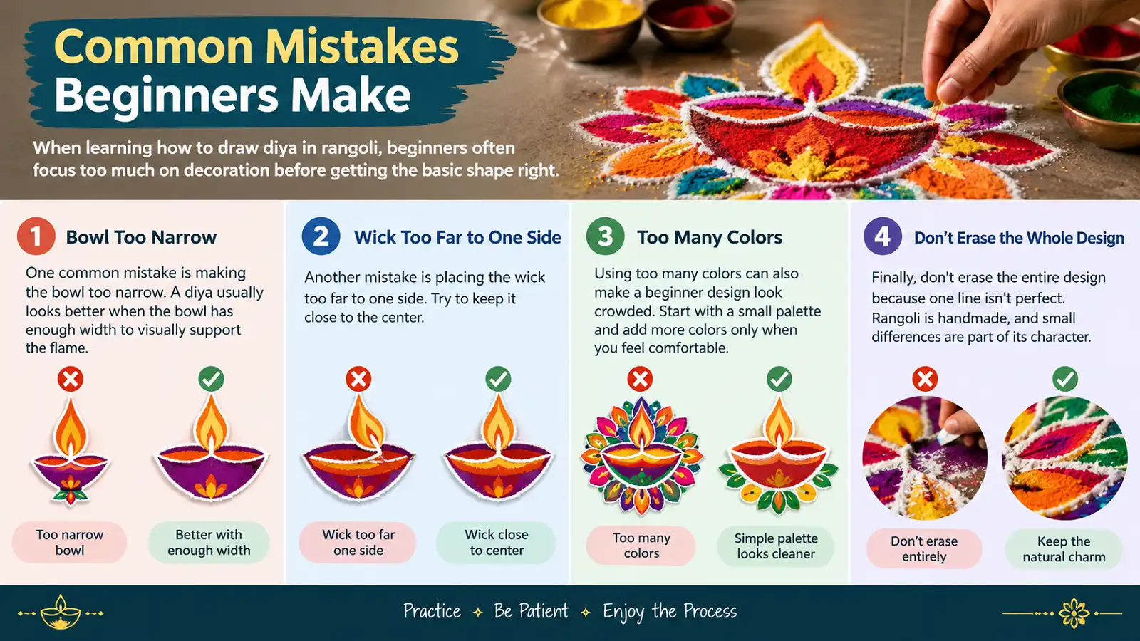 Common beginner mistakes in diya rangoli with simple fixes