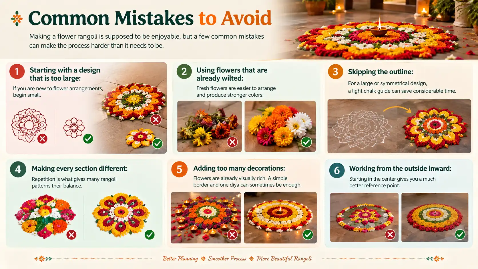 Infographic showing six common flower rangoli mistakes and simple ways to avoid them