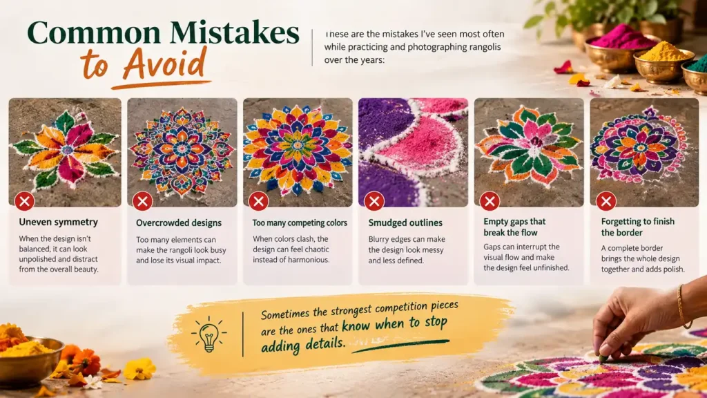 Common rangoli mistakes including uneven symmetry, overcrowded designs, competing colors, smudged outlines, empty gaps, and unfinished borders