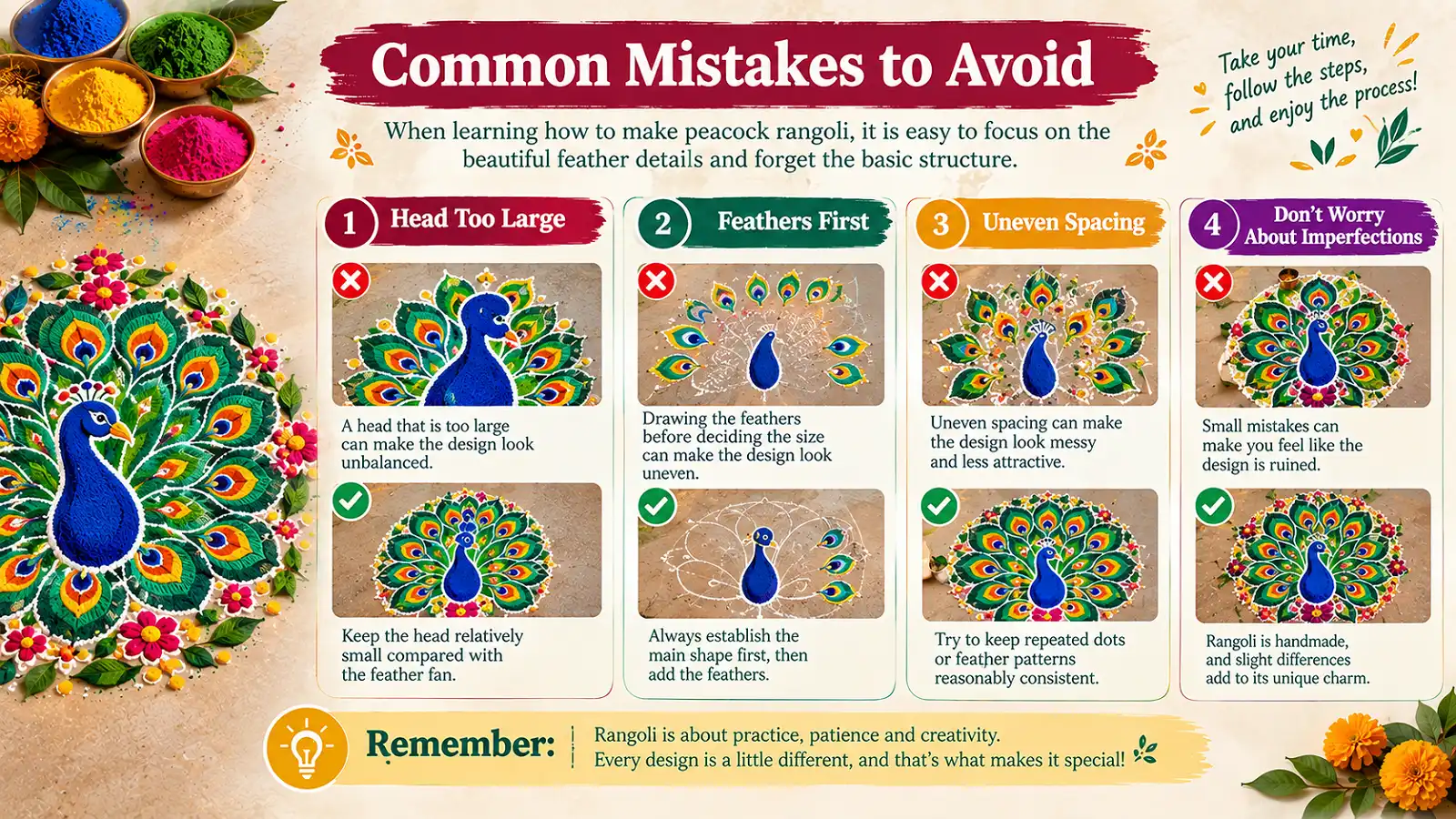 Common peacock rangoli mistakes with tips for better spacing and balanced design