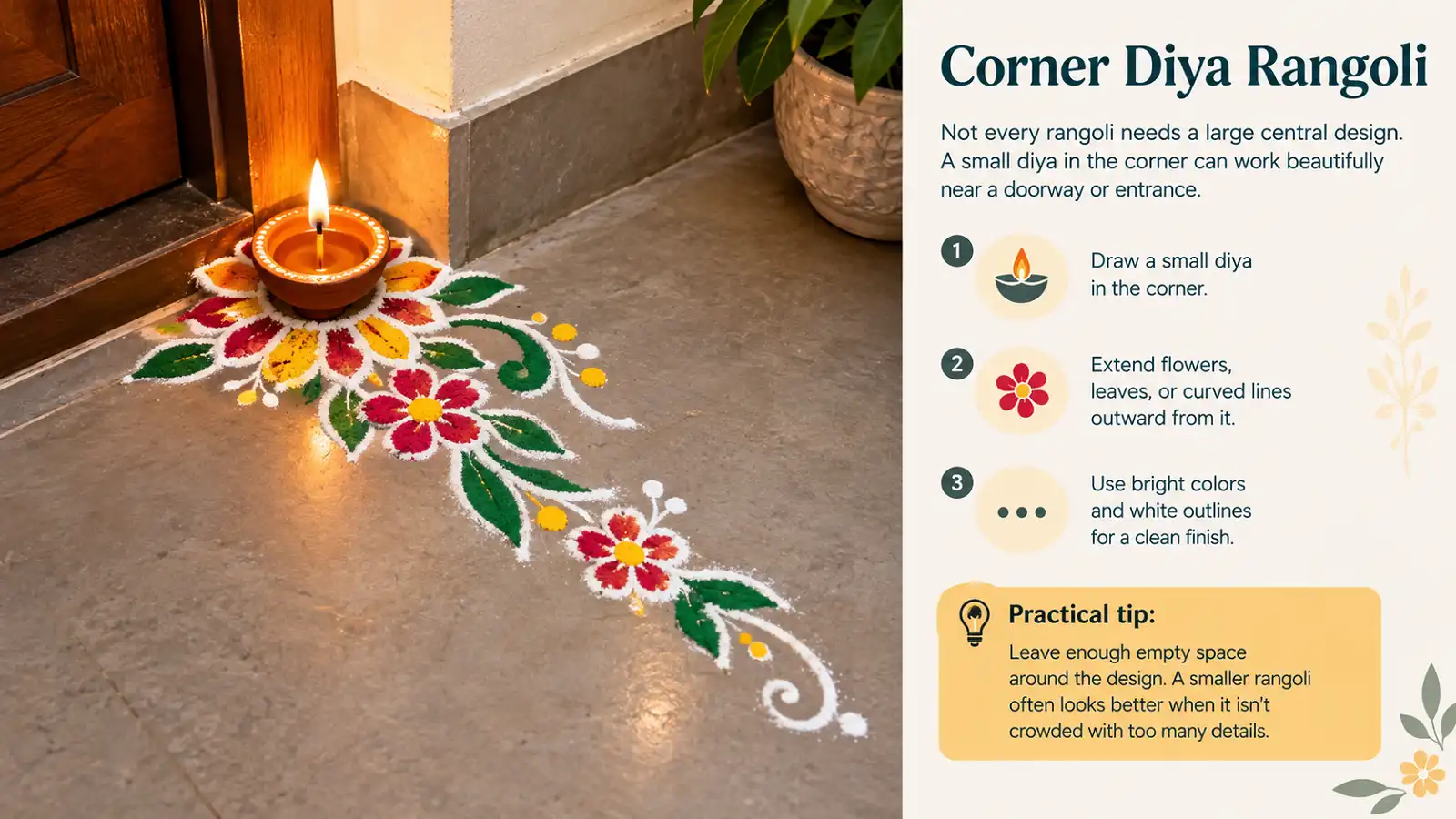 Small diya rangoli with floral design for a corner