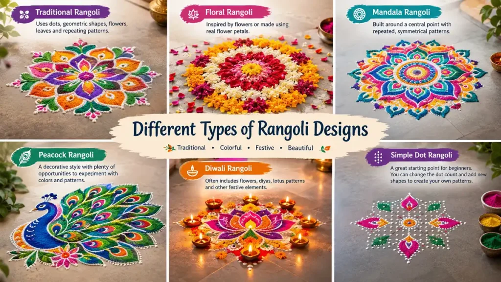 Different types of Rangoli designs including floral, mandala, peacock, Diwali and dot patterns