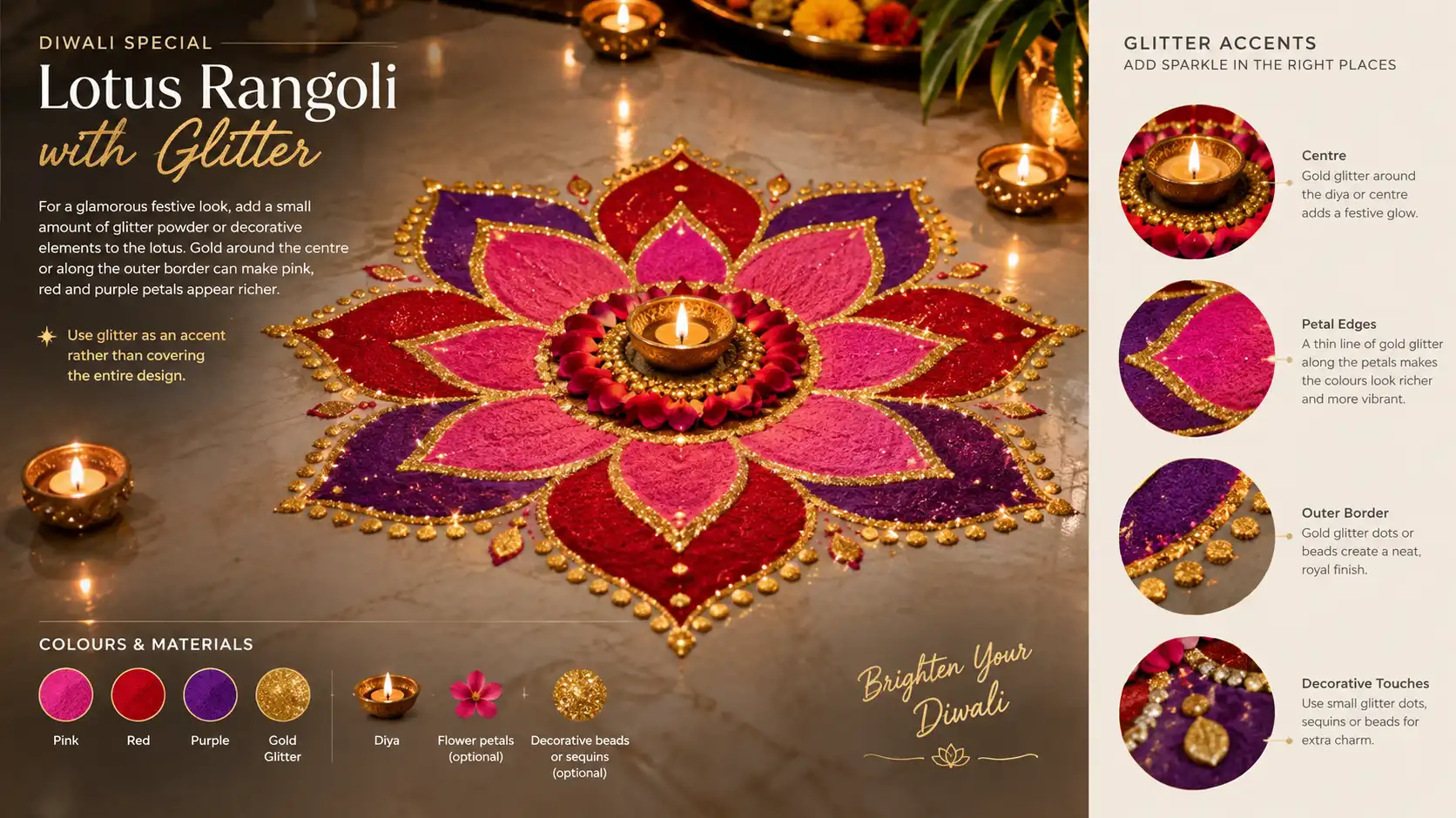 Colorful pink, red, and purple lotus rangoli decorated with gold glitter accents and a central diya for Diwali.