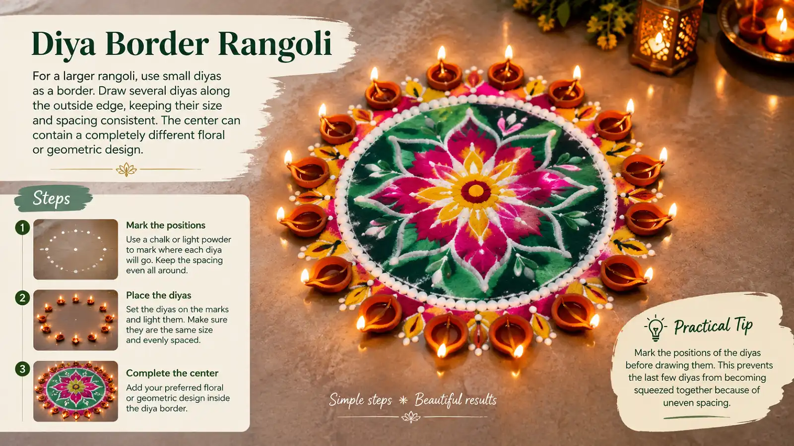 Diya border rangoli with colorful floral center
