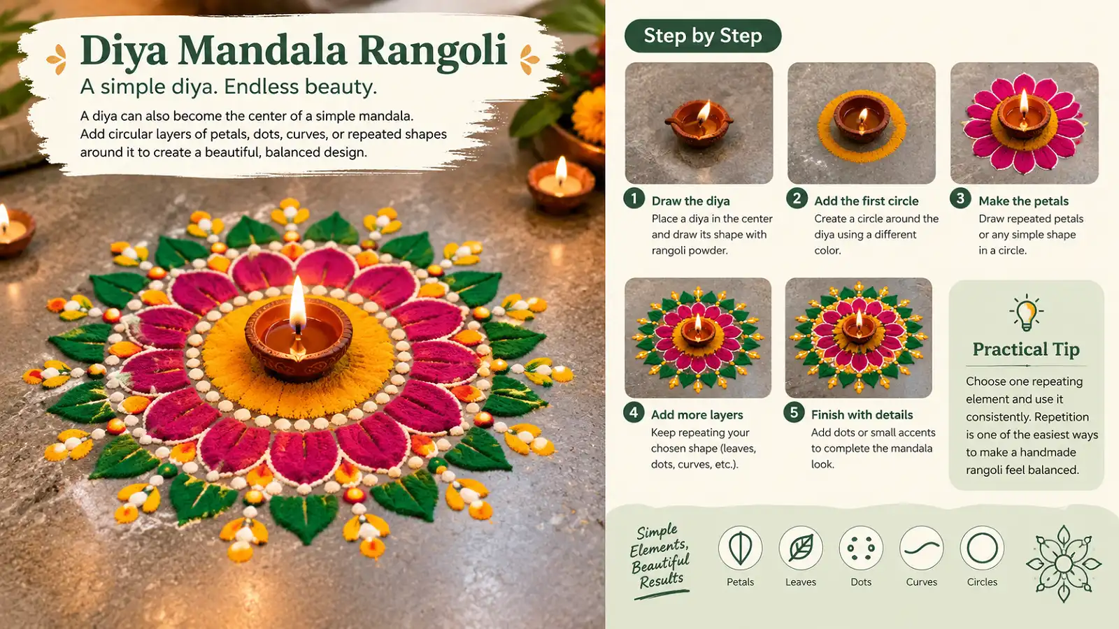 Diya mandala rangoli with colorful circular patterns