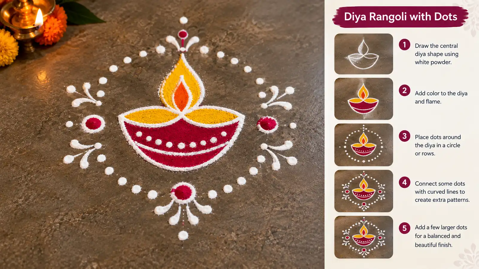 Diya rangoli with white dots curved patterns and colorful decoration