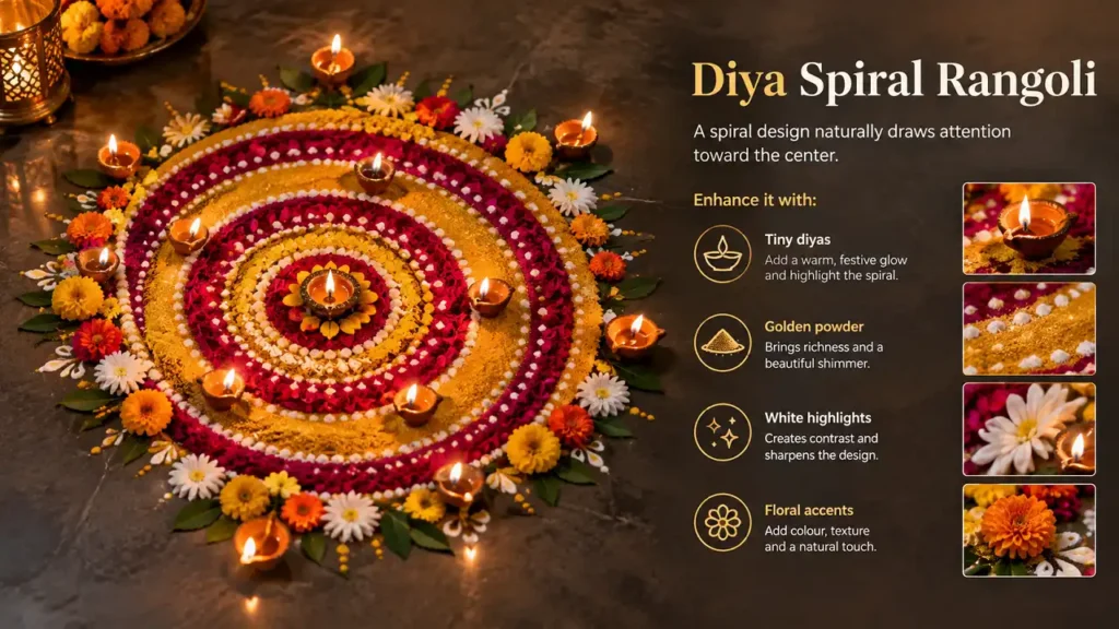 Diya spiral rangoli with tiny lamps, golden powder, white highlights, and flowers