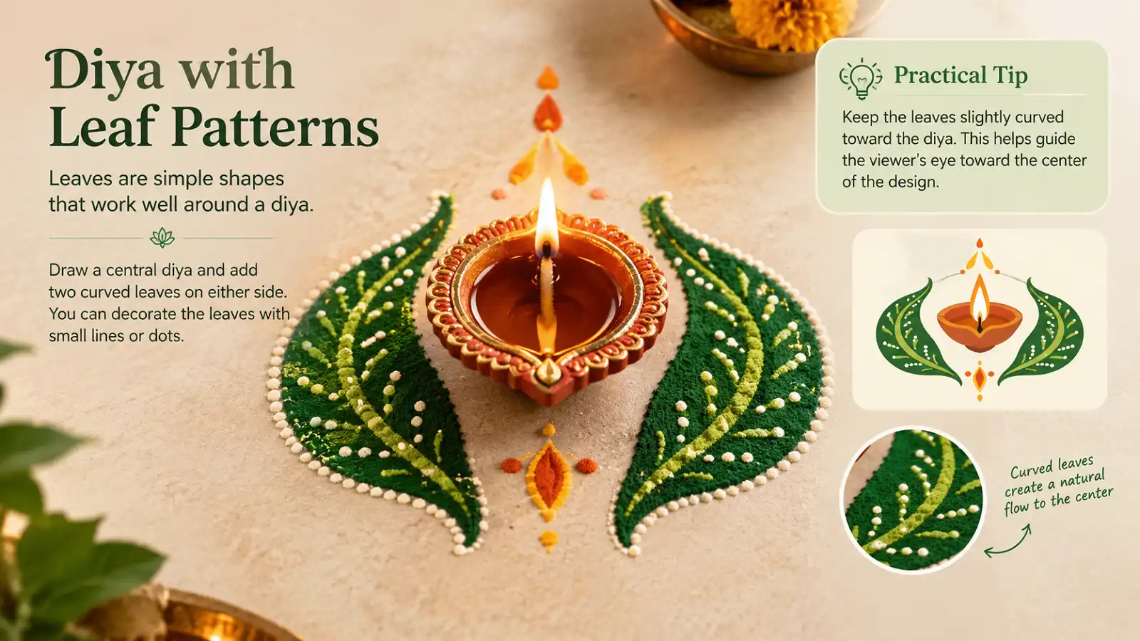 Diya surrounded by curved leaf patterns