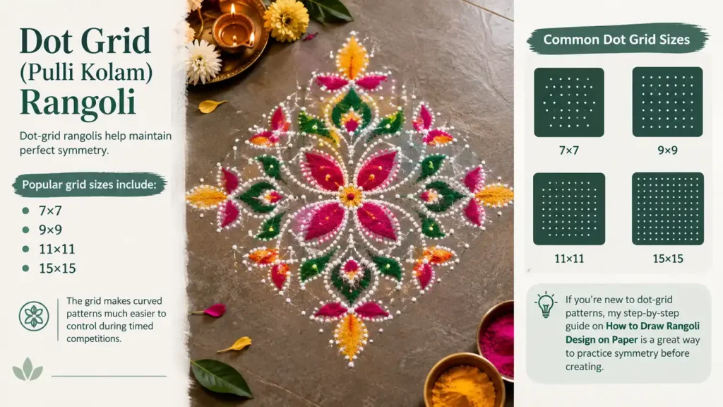 Dot grid Pulli Kolam rangoli with 7x7, 9x9, 11x11 and 15x15 patterns