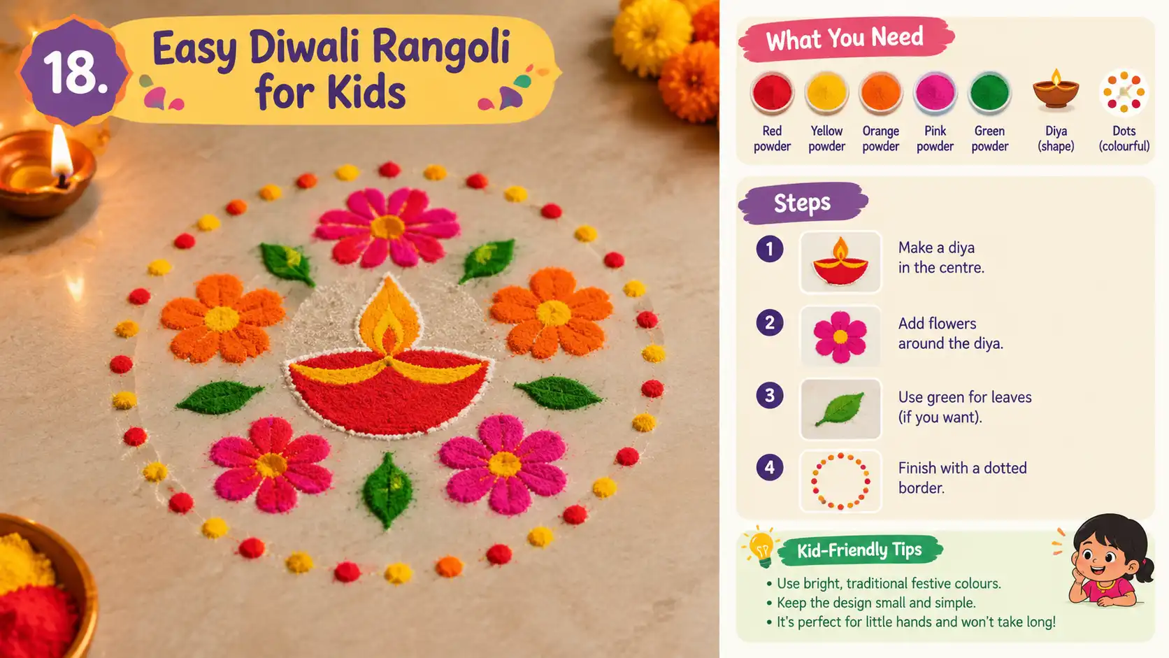 Colorful diya rangoli with flowers and dotted border