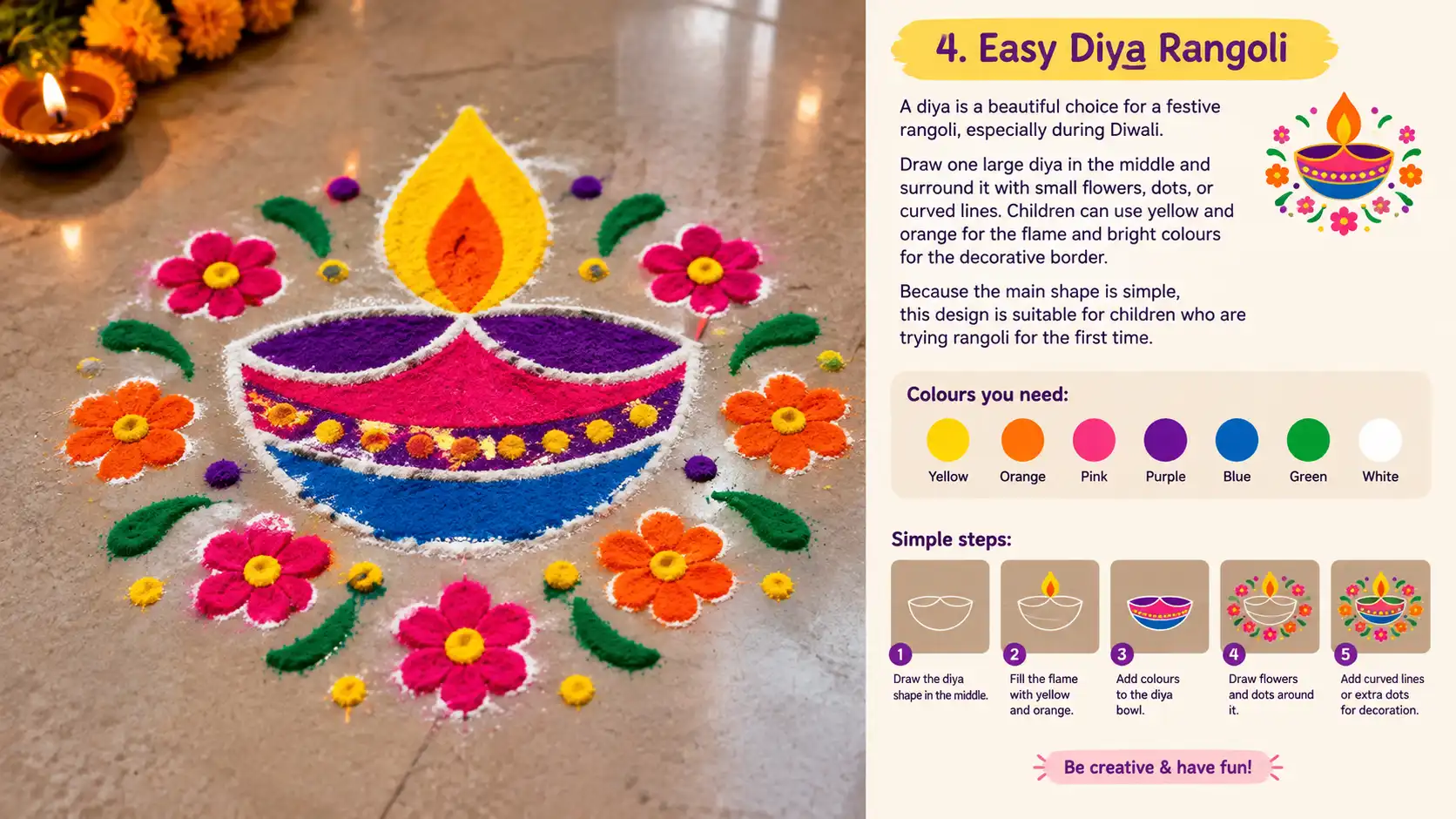 Colorful diya rangoli with flowers and decorative patterns.