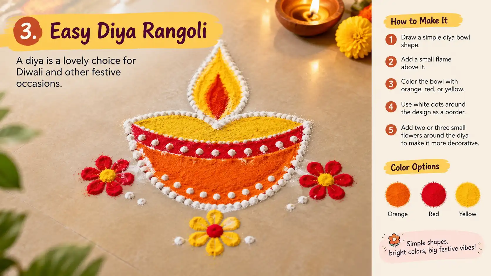 Colorful diya rangoli with flowers