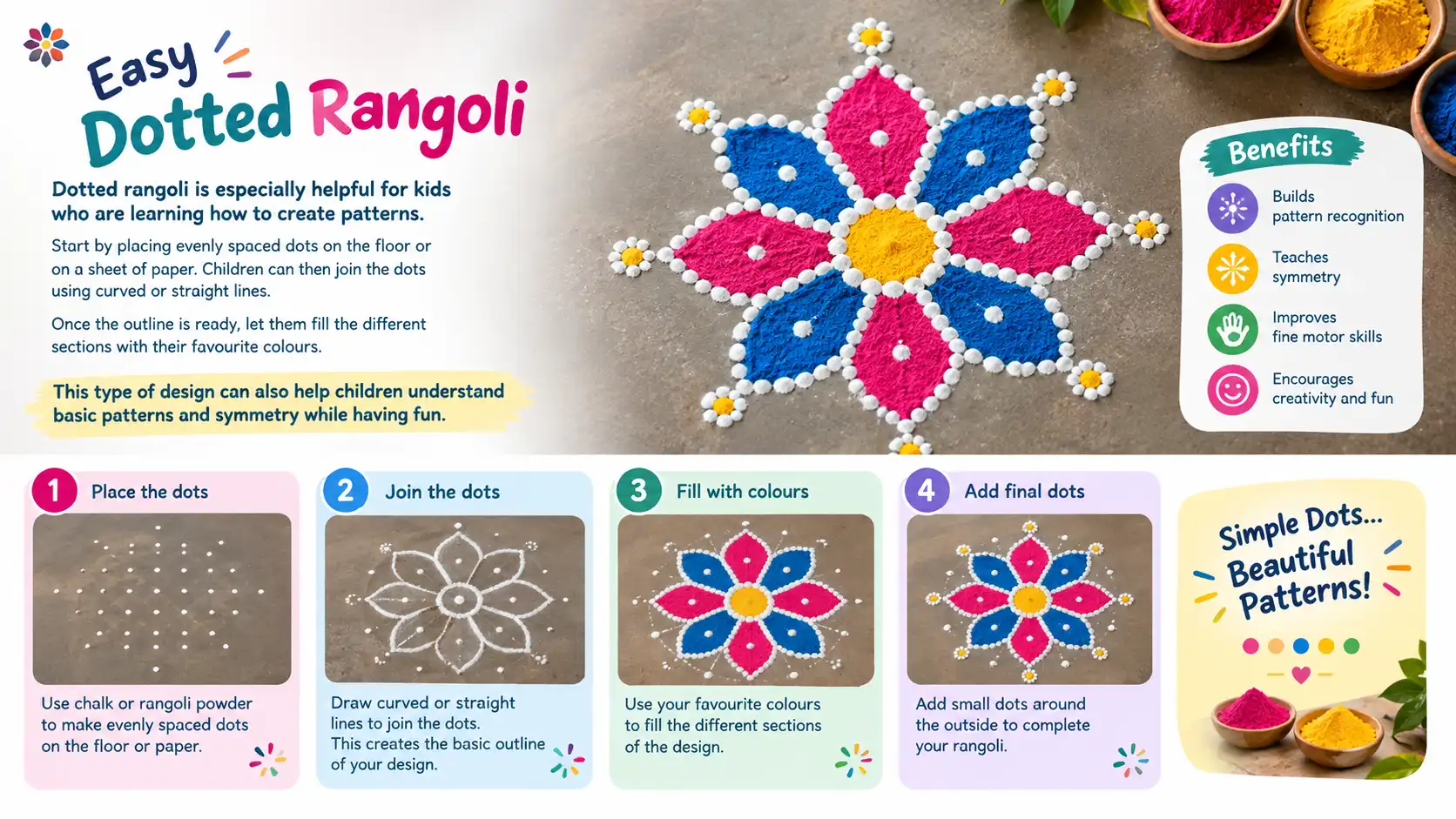 Easy dotted rangoli design for kids