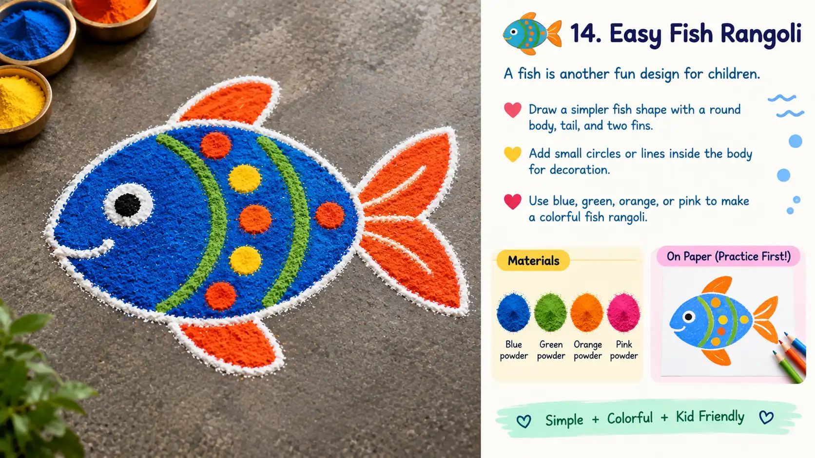 Colorful fish-shaped rangoli design