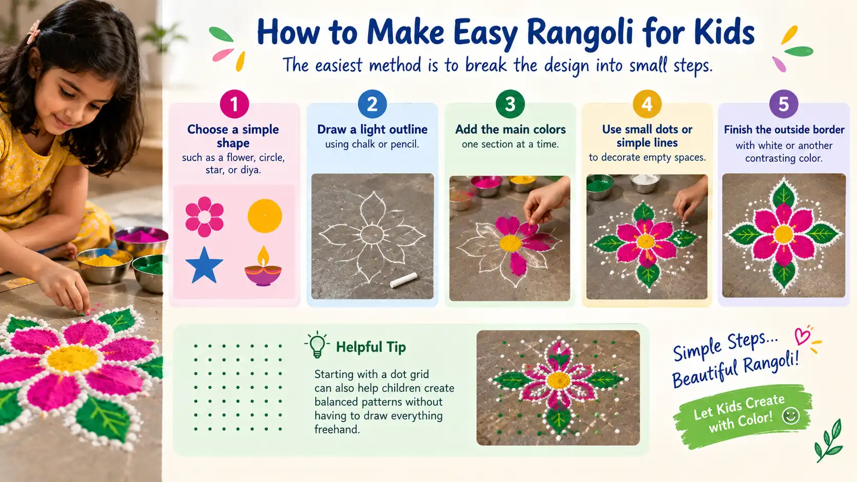 Child making a colorful rangoli with five simple steps