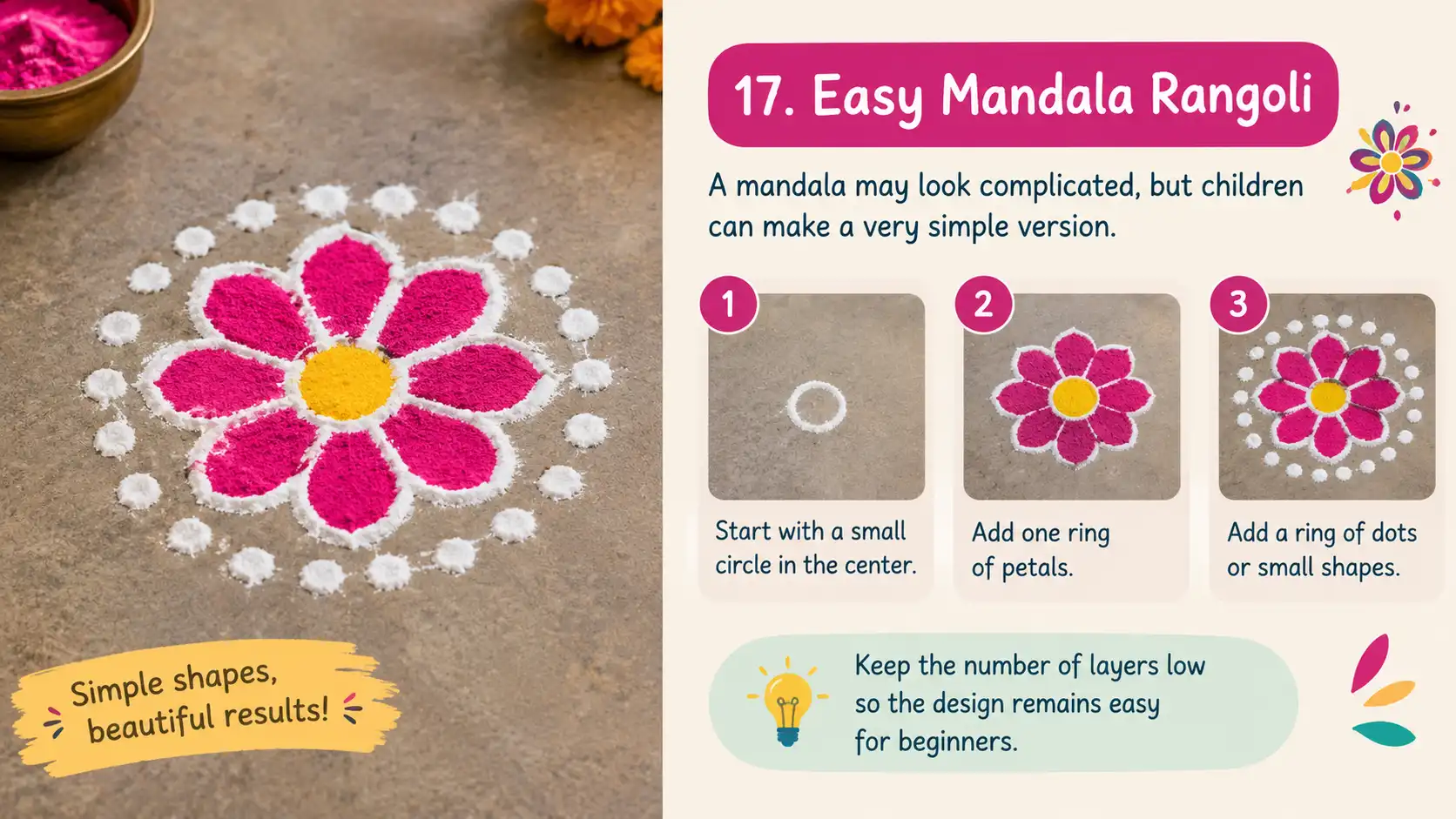 Simple pink and yellow mandala rangoli with dots