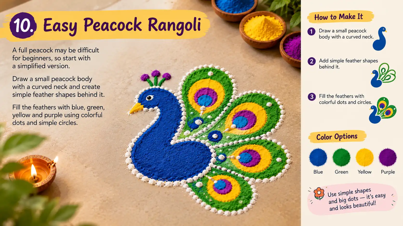 Colorful peacock rangoli with simple feather shapes and dots