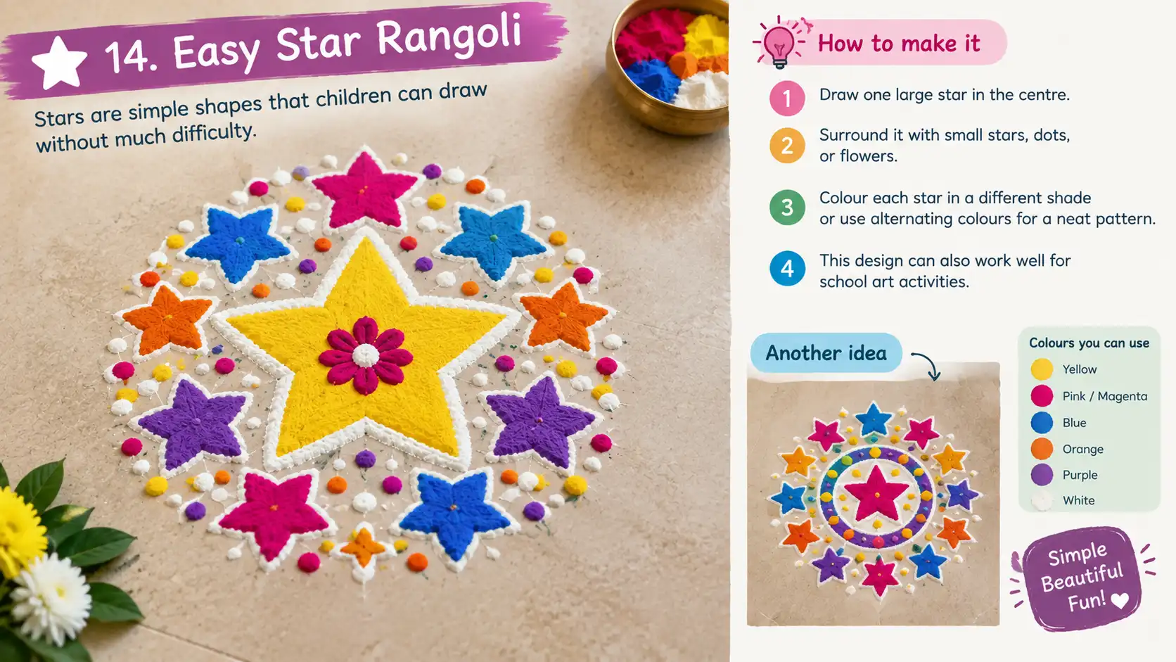 Colorful star-shaped rangoli with smaller stars and dots