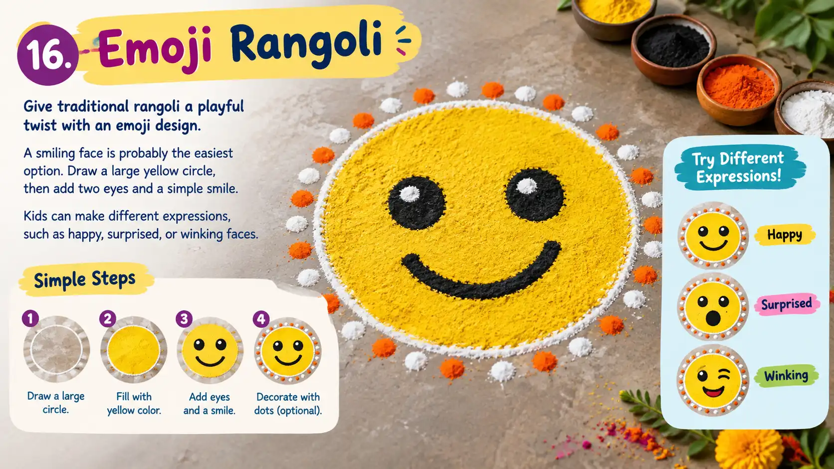 Colorful yellow emoji rangoli with simple steps