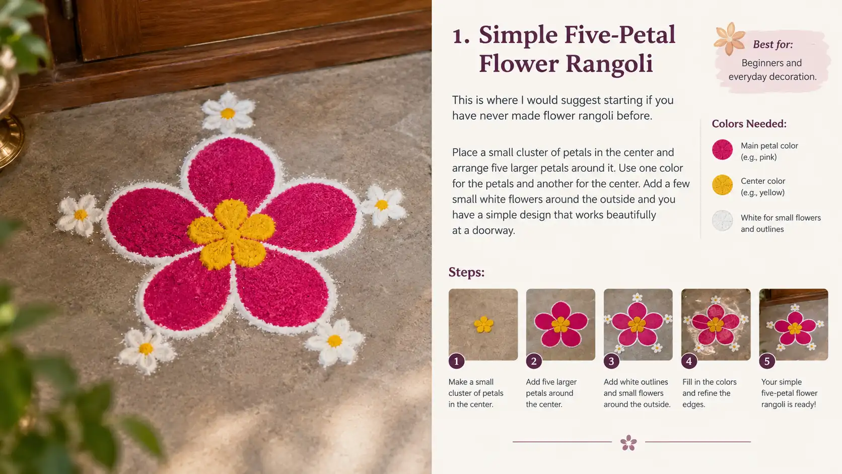 Simple five-petal flower rangoli with white flowers