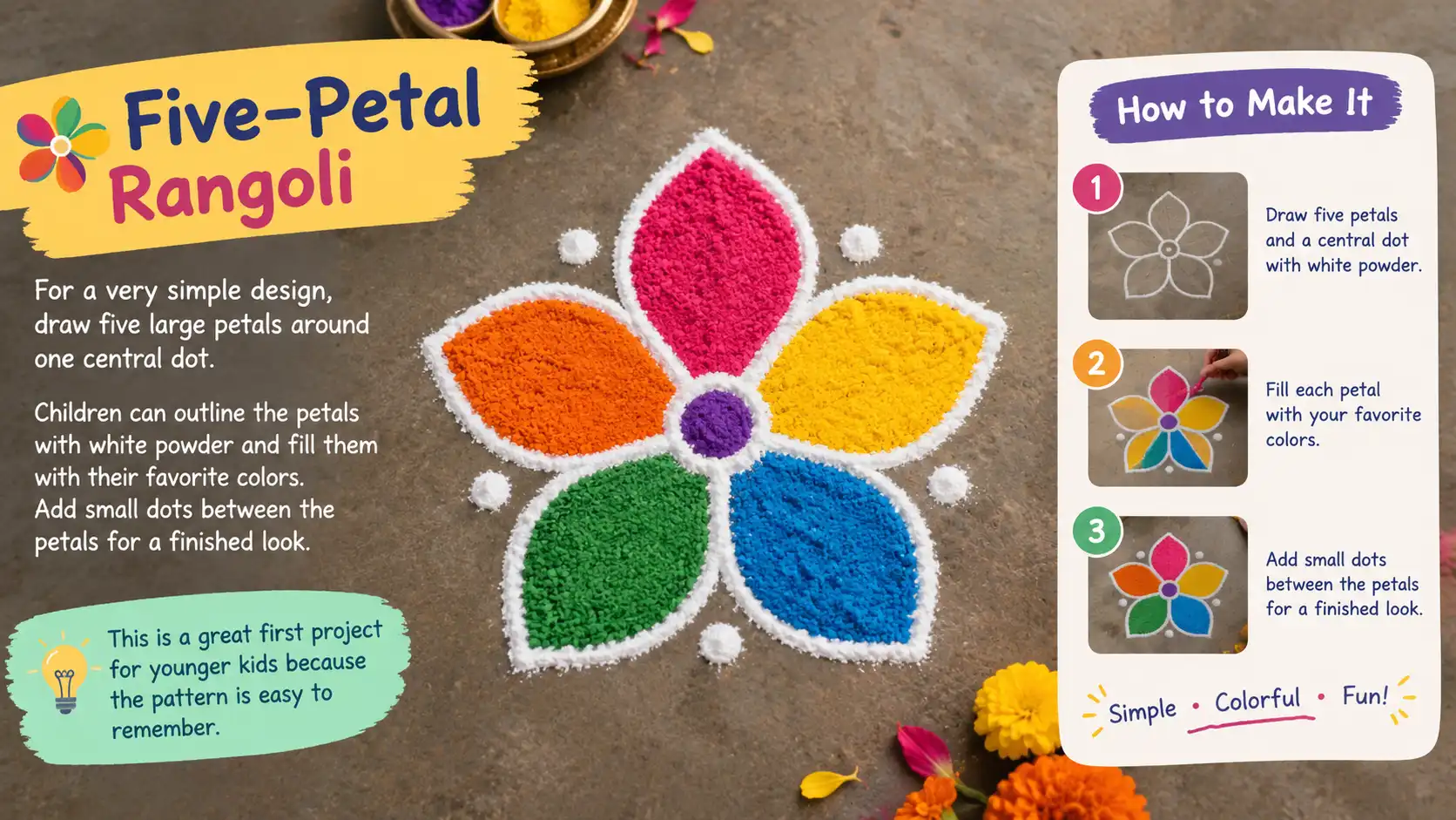 Colorful five-petal rangoli for kids
