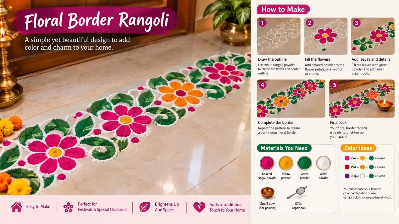 Colorful floral border rangoli design with flowers and leaves