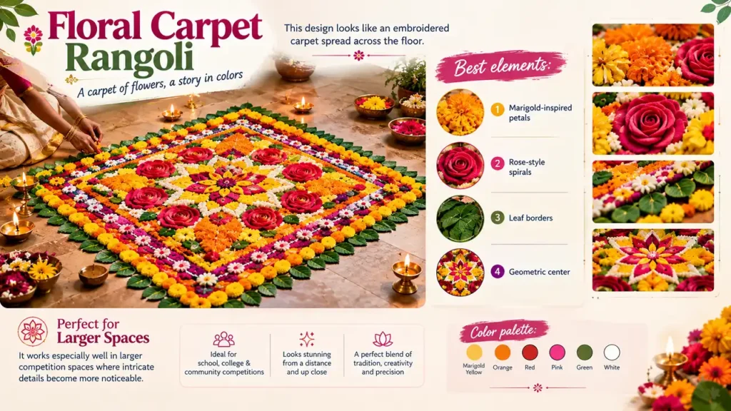 Colorful floral carpet rangoli made with marigold petals, rose-style spirals, green leaf borders, and geometric center