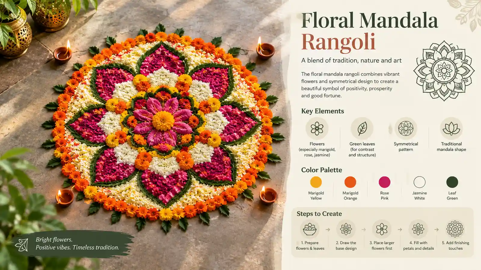 Floral mandala rangoli with colorful flowers and diyas