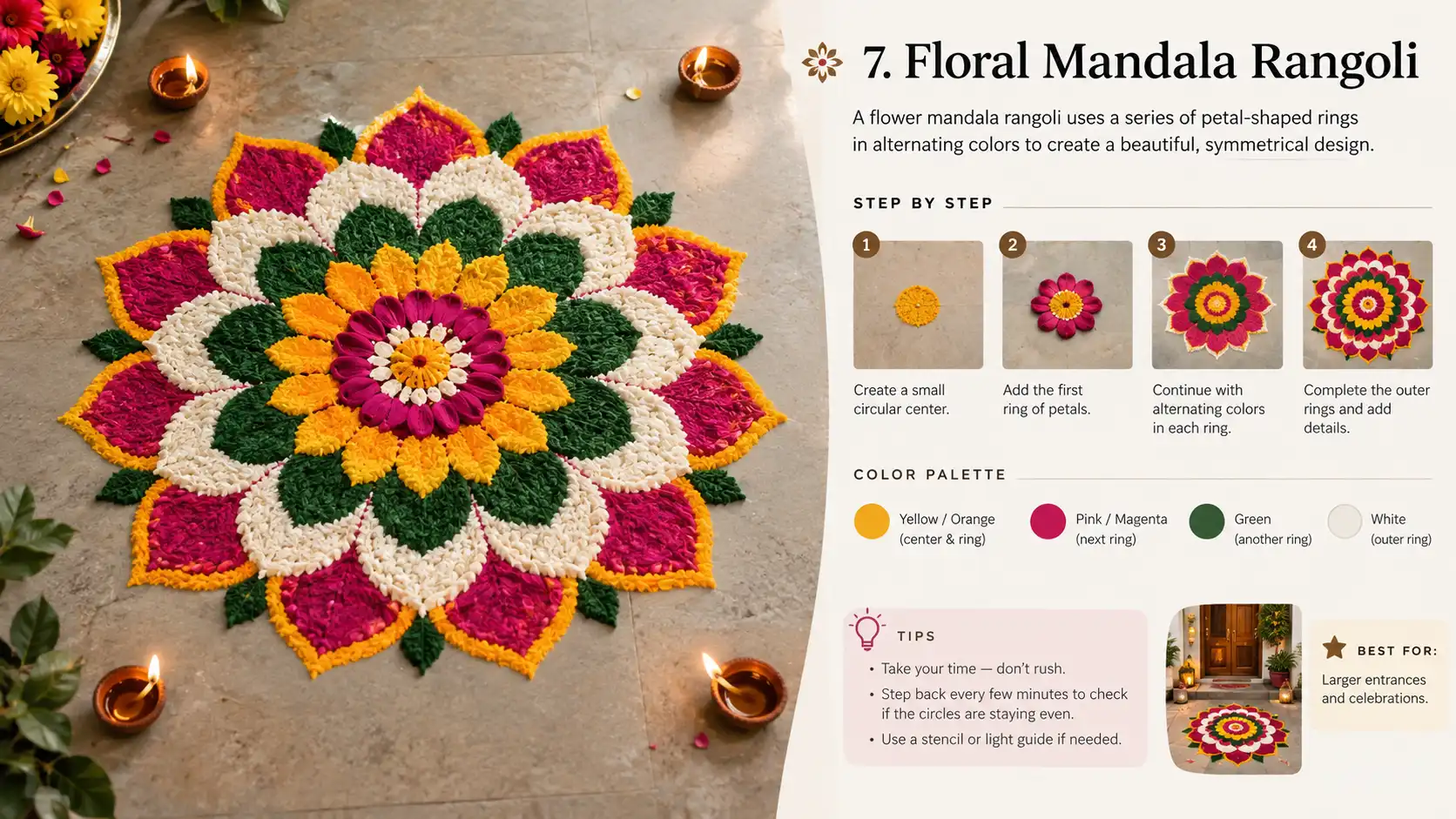 Colorful floral mandala rangoli with step-by-step guide