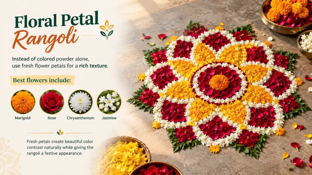 Floral petal rangoli made with marigold, rose, chrysanthemum, and jasmine petals