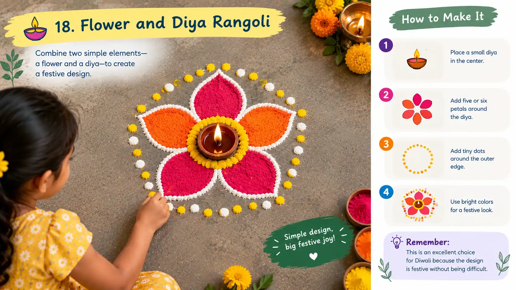 Colorful flower rangoli with a central diya