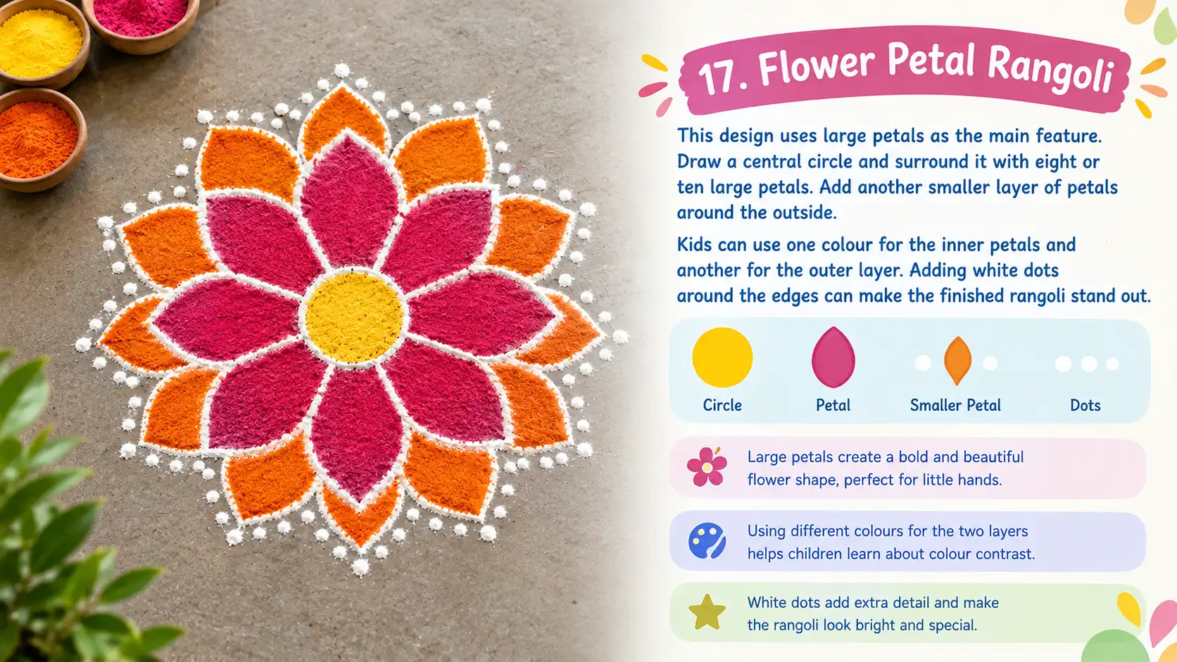 Colorful rangoli with layered flower petals and white dots
