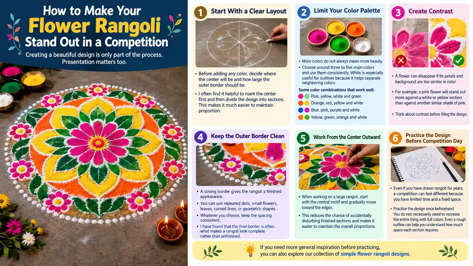 Flower rangoli competition design tips