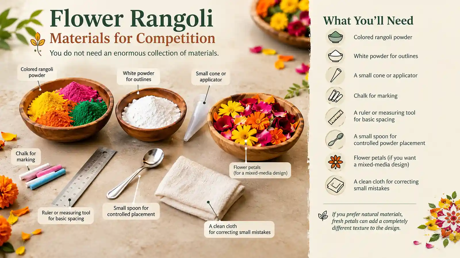 Flower rangoli materials with powders, petals, chalk, ruler, spoon, and applicator