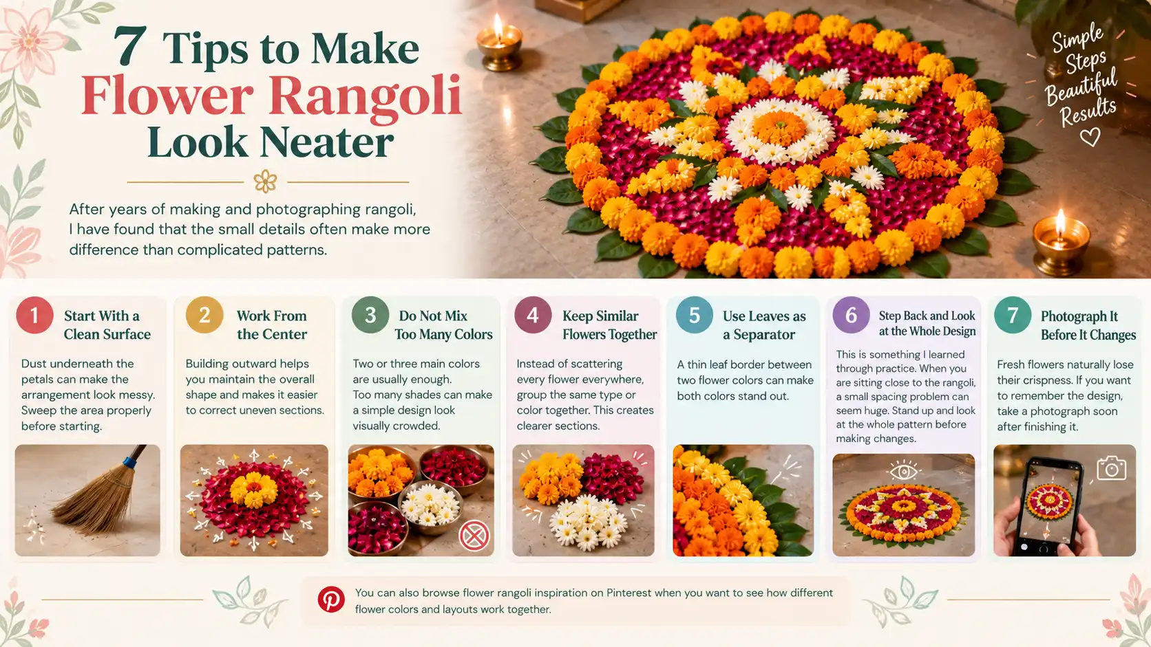 Infographic showing 7 tips for making a neat flower rangoli