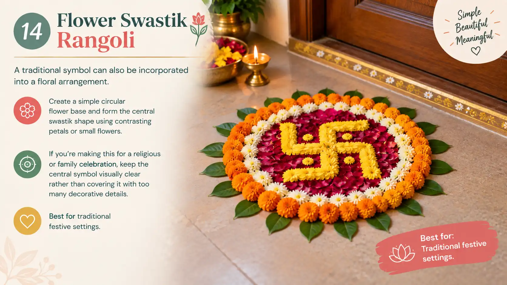 Floral swastik rangoli with marigolds, rose petals, and leaves