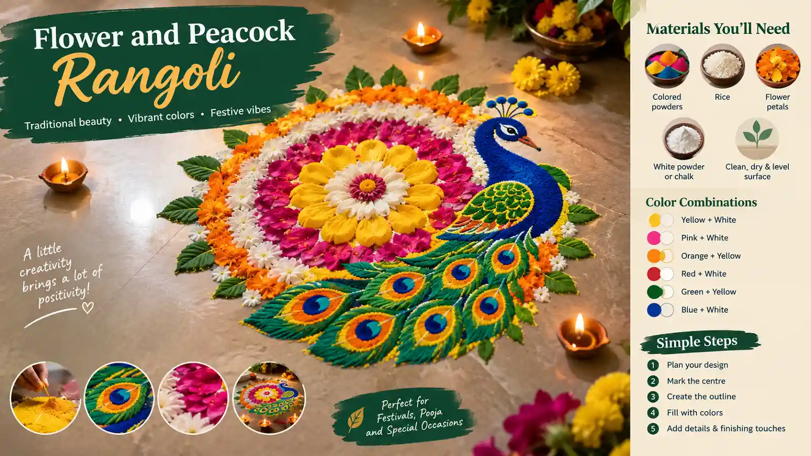 Colorful flower and peacock rangoli with festive diyas
