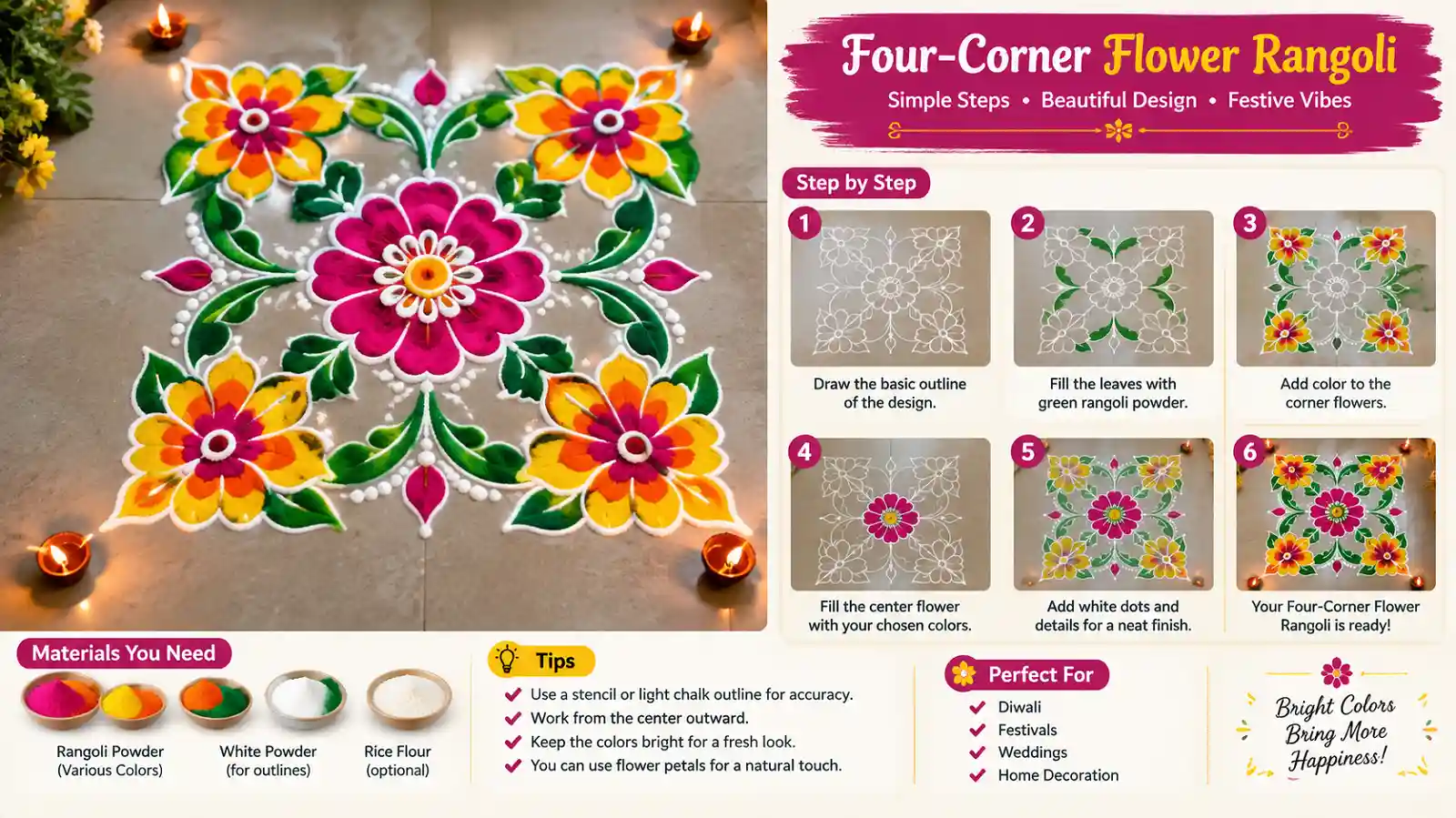 Colorful four-corner flower rangoli design
