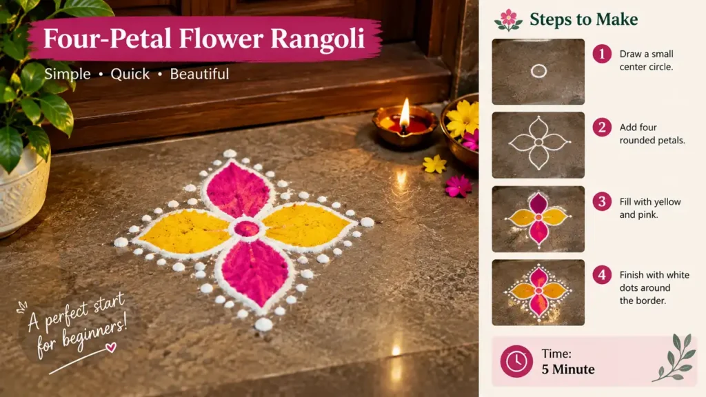 Four-petal flower rangoli in yellow and pink with white border dots