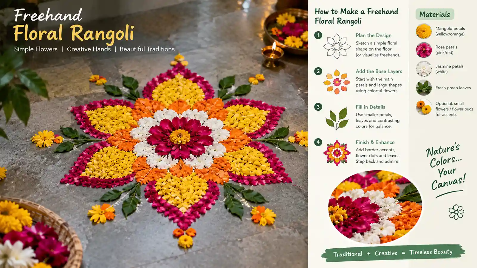 Colorful freehand floral rangoli made with fresh flower petals and a step-by-step infographic